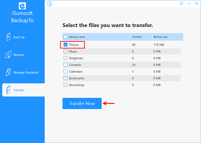 select Picture and click Transfer Now