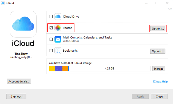 check Photos box and click Options