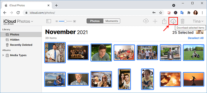 select the photos and click Download selected items