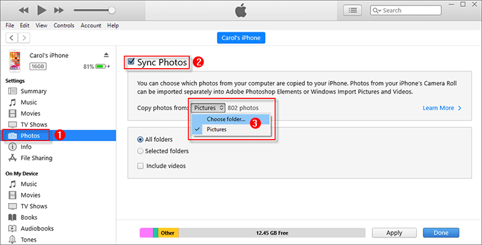check Sync Photos and select the folder
