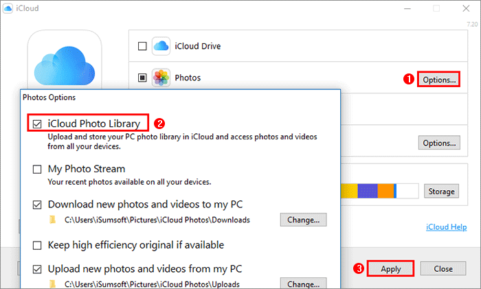click Options and select iCloud Photo Library