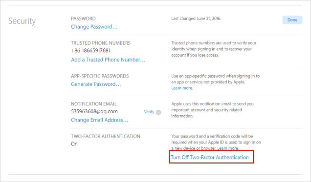 Turn off Two-factor Authentication