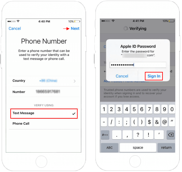 Choose text message for verification