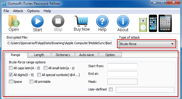 Choose attack type and check password properties
