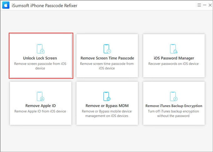 Unlock Lock Screen option in iSumsoft iPhone Passcode Refixer
