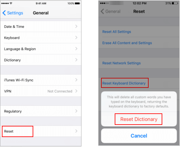 Reset keyboard dictionary