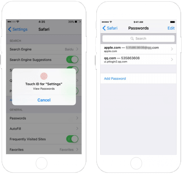 View saved password in Safari settings