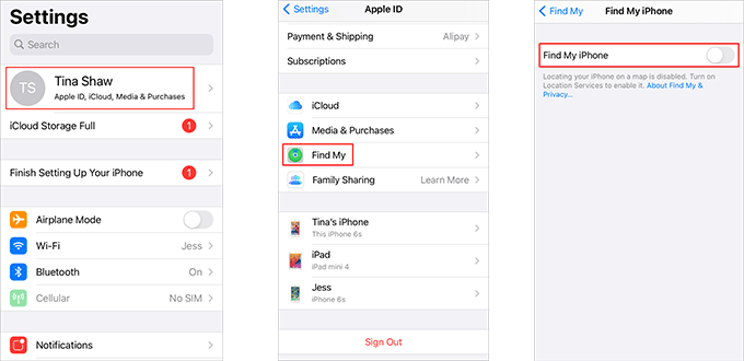 disable find my iphone