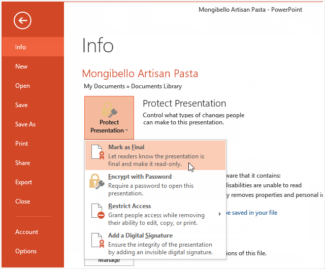 how to protect powerpoint presentation from editing office 365