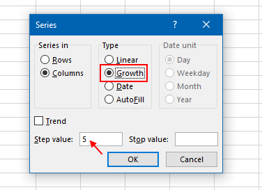 Fill growth series data using Fill command