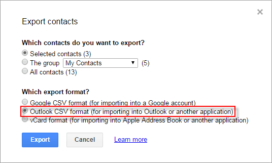select contacts exporting format