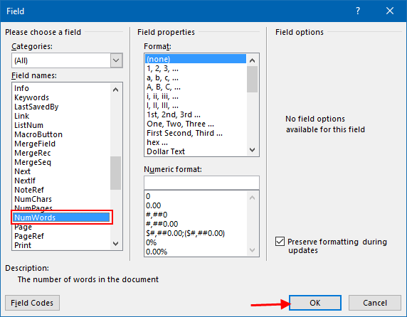 Count the number of words in Word document