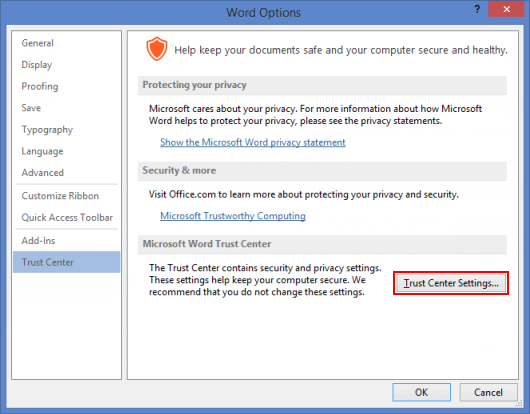 Click on Trust Center Settings