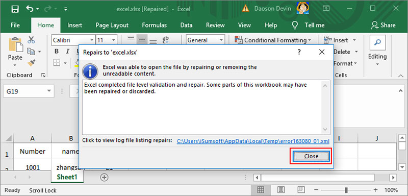 excel file repaired
