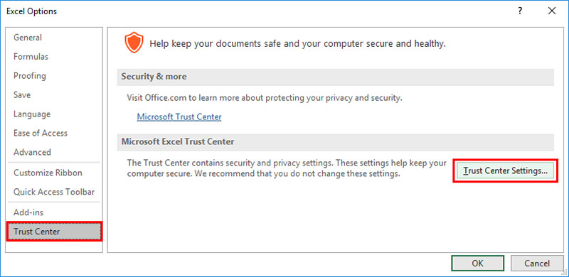 click trust center settings