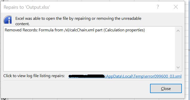 Excel repair dialog reports Removed Records Formula from xl calcChain xml part Calculation properties