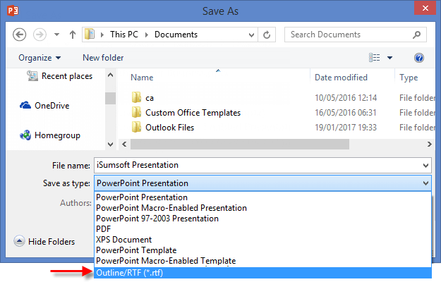 Save powerpoint as rtf