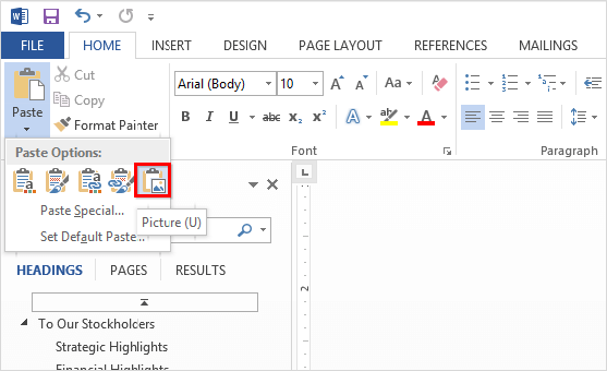 Paste copied chart to Word