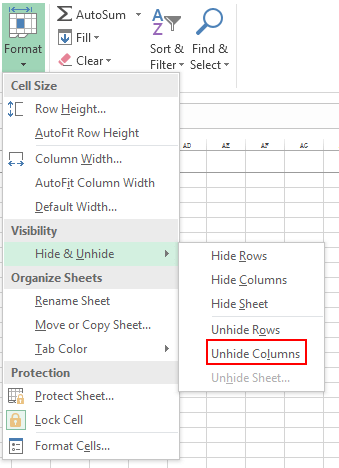 Unhide all hidden rows or columns