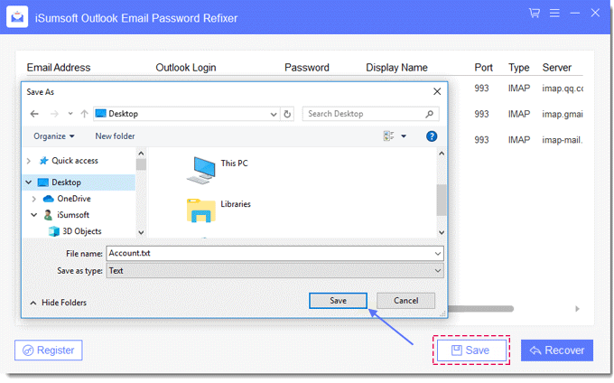 Save email account and password