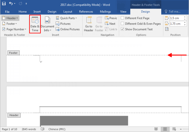 Use design tab to insert date