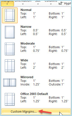 Select Custom Margins in an older version of Excel