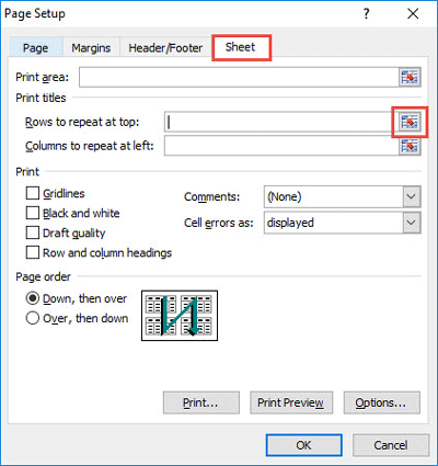 Excel Page Setup Sheet tab with Rows to repeat at top