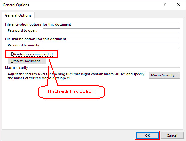 uncheck read-only recommended