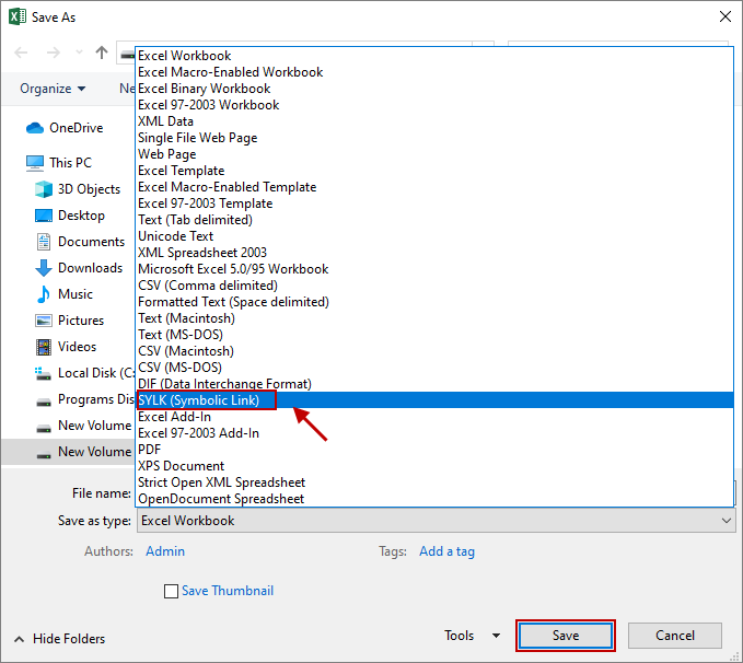 save worksheet in SYLK format 