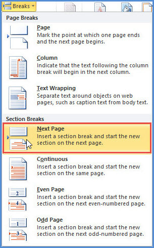 Insert a Next Page section break in Word