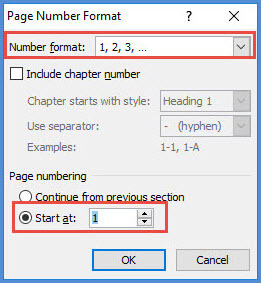Set the starting page number for a Word section