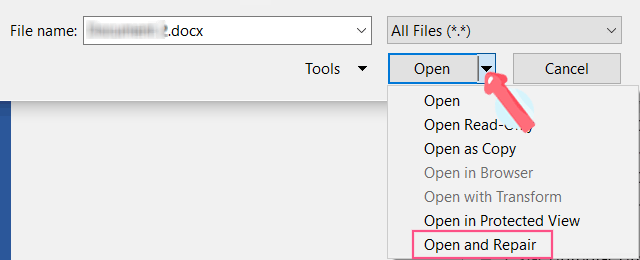 Repair the corrupt Word docunment
