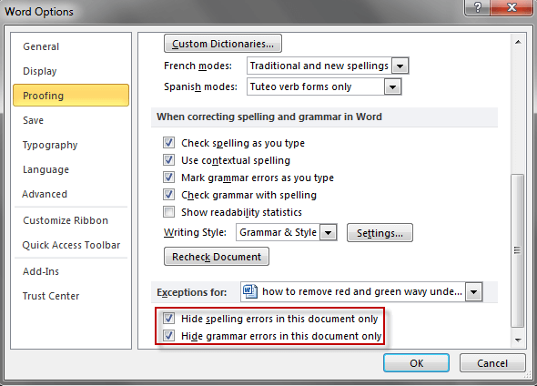 Hide spelling and grammar errors