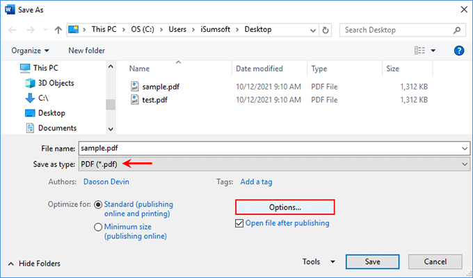select PDF and click Options button
