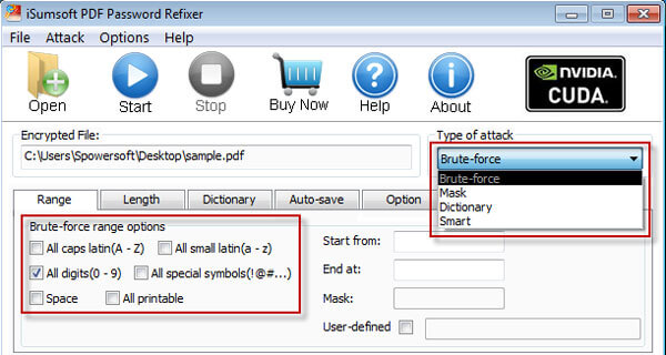 select password attack type and settings