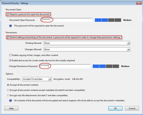 Set PDF User Password and Owner Password