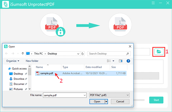 click Open File icon to add secured PDF file