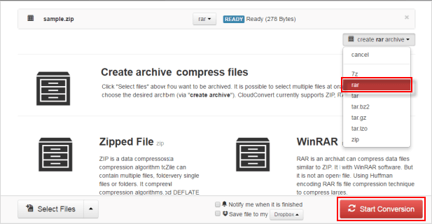 Select RAR as output format