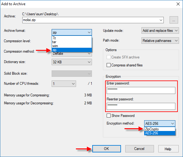 Set a password for archive file