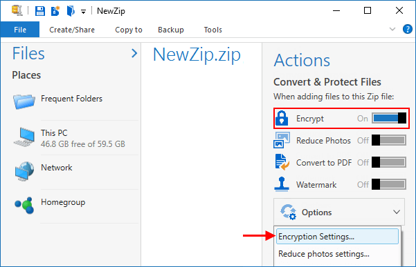 Turn on encryption to lock a zip file