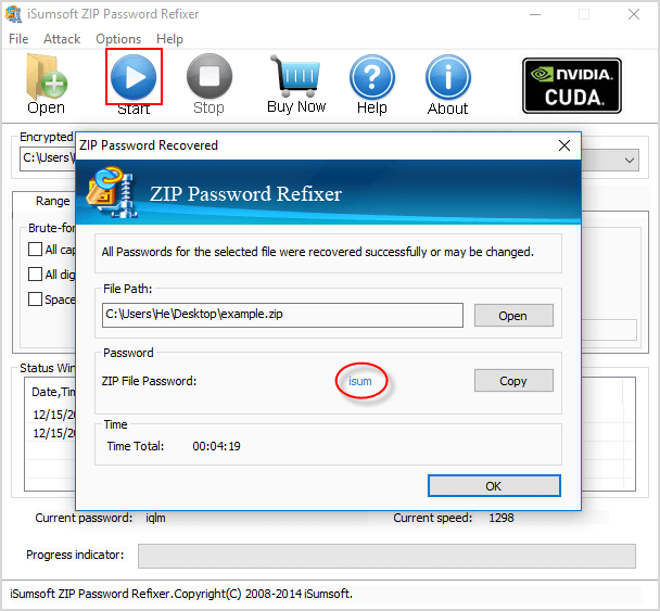 Start finding forgotten zip password