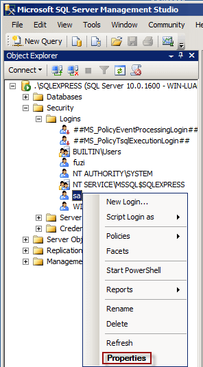 right-click sa and select Properties
