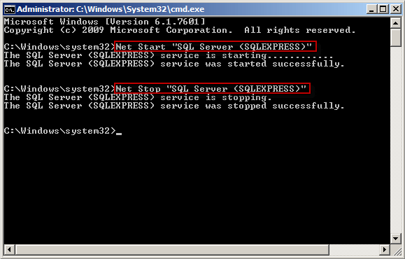 Run net commands to stop or start SQL Server service