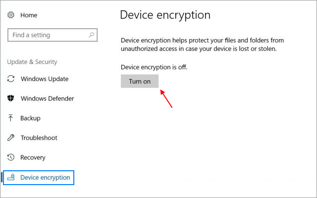 Turn on or off Device Encryption