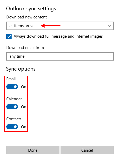 Mail sync settings