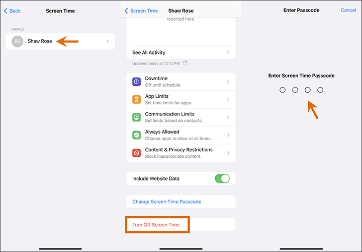 turn off Screen Time for child's iPhone