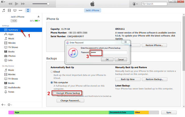 Uncheck Encrypt iPhone backup