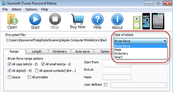 Select password attack type