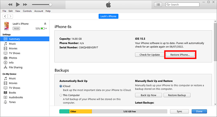 click Restore iPhone