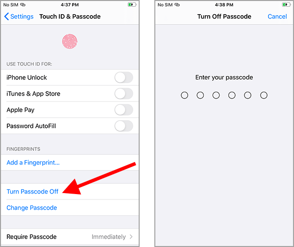 tap Turn Passcode Off